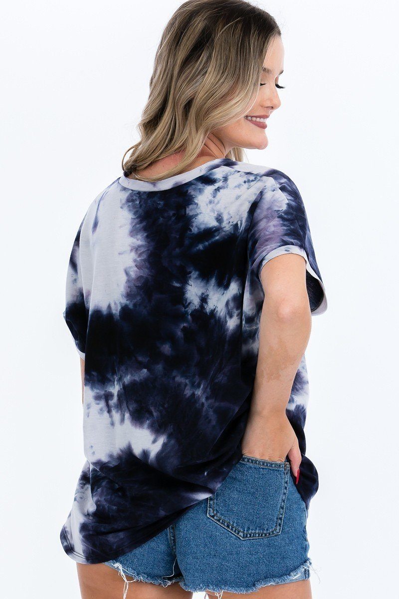 Navy tie-dye top, back view with short sleeves and V-neck