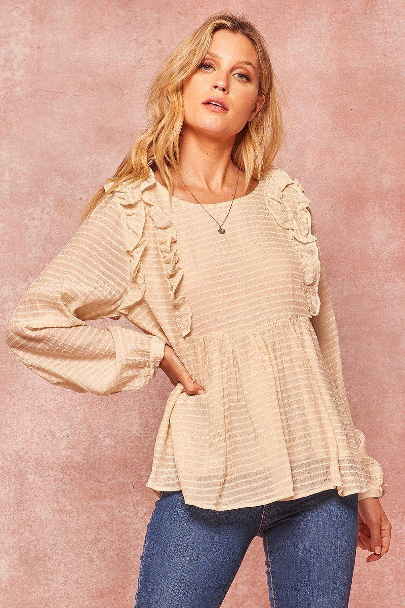 Cream semi-sheer striped woven top with ruffled shoulders and long sleeves