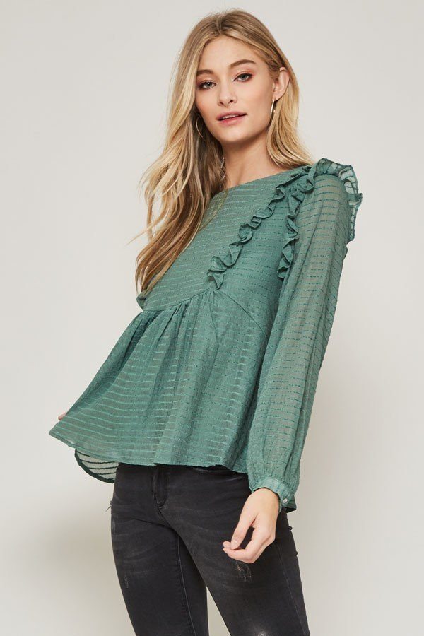 Green semi-sheer striped woven top with ruffled neckline and voluminous sleeves