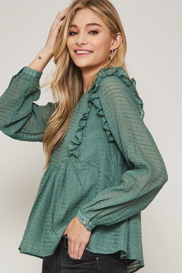Green semi-sheer striped woven top, ruffled front and long sleeves with cuffs