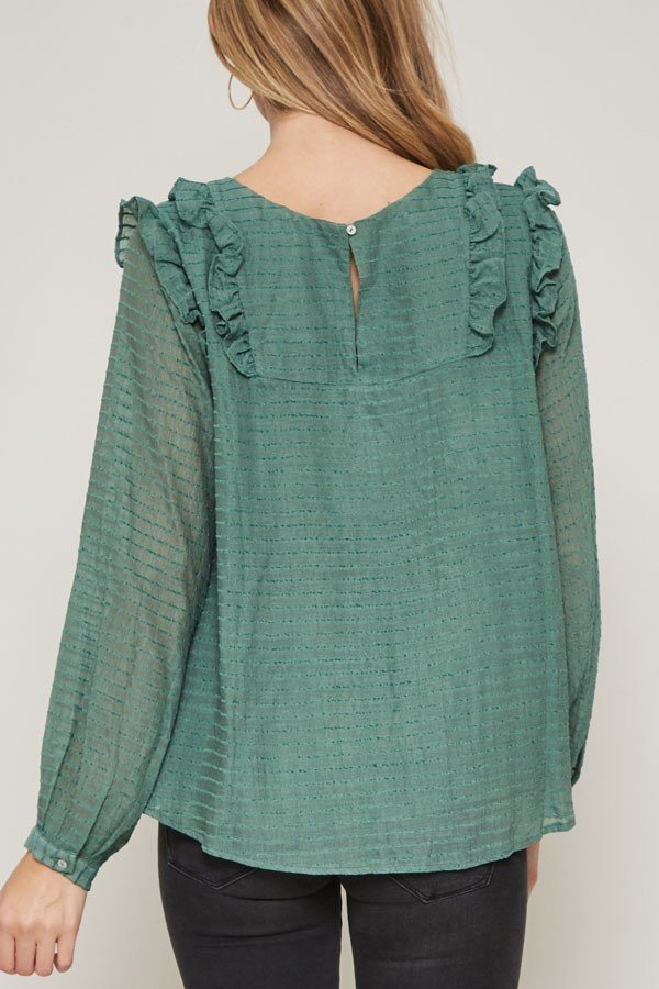 Green semi-sheer striped woven top back view with keyhole slit and ruffle shoulders