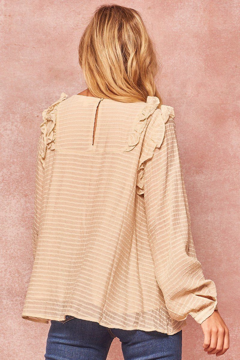 Cream semi-sheer striped woven top back view with tied keyhole and ruffled shoulders