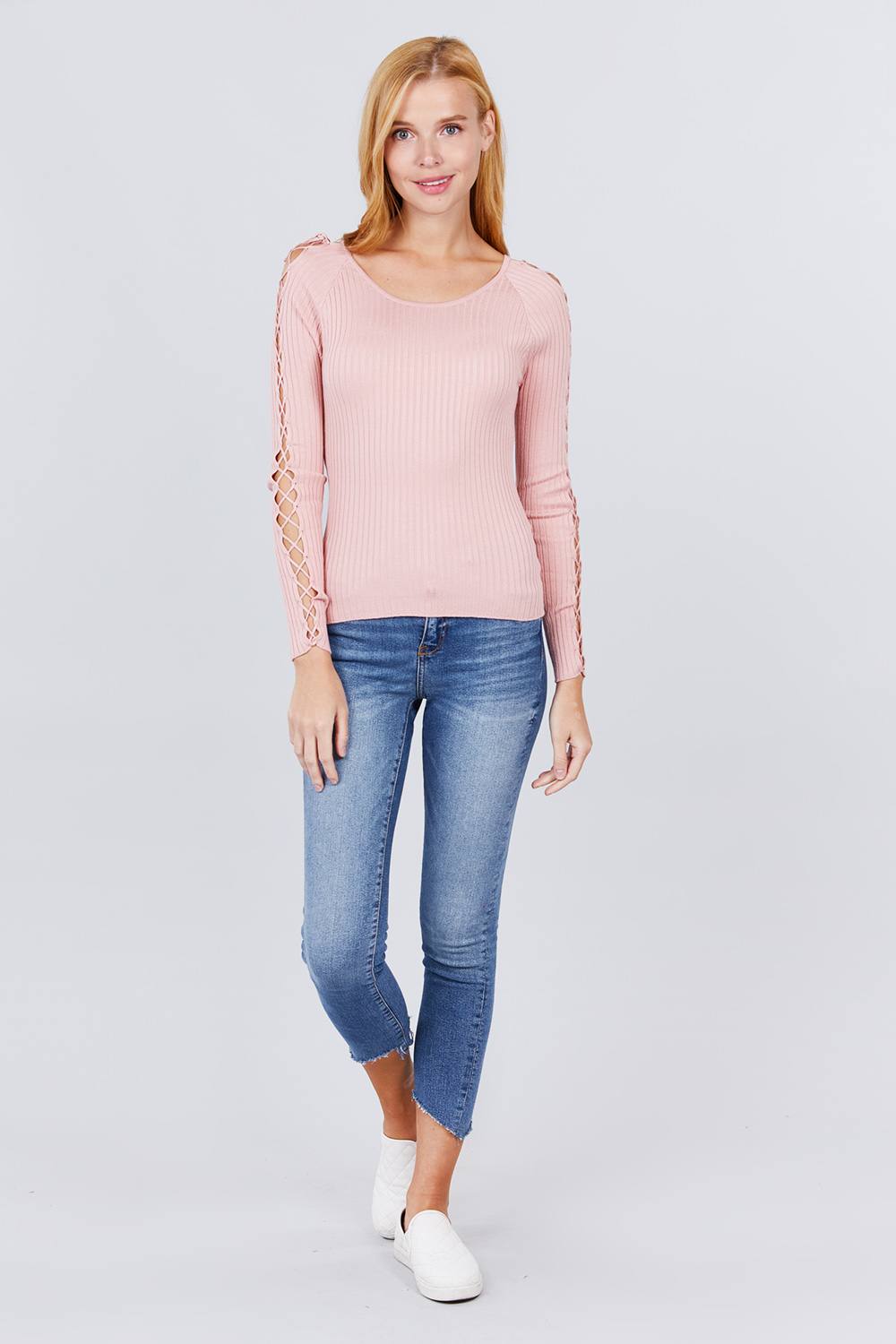 Pink long-sleeve rib knit top, round neck, side lace-up sleeve panels