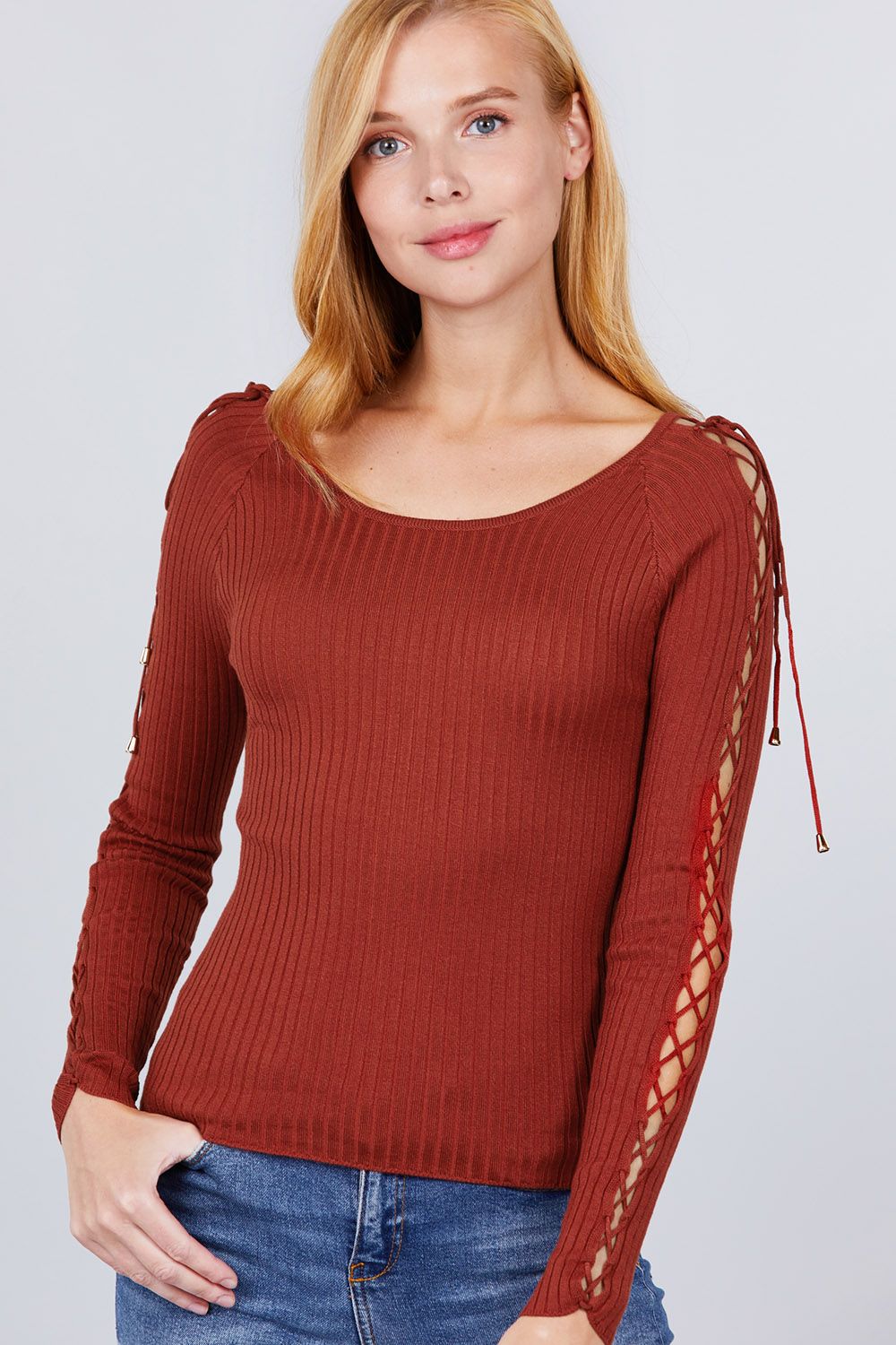 Long Sleeve W/strappy Detail Round Neck Rib Sweater Top - Tigbul's Variety Fashion Shop