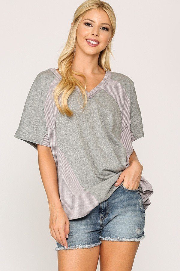 Heather gray dolman sleeve rib knit top with contrast stripe side panel, round hem