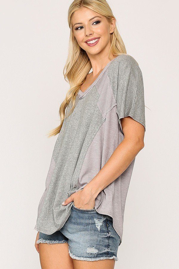 Gray dolman sleeve rib knit top with striped contrast sleeves, scoop neck, round hem