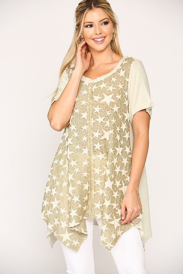 Star textured knit tunic top in golden sand with white star print and shark-bite hem