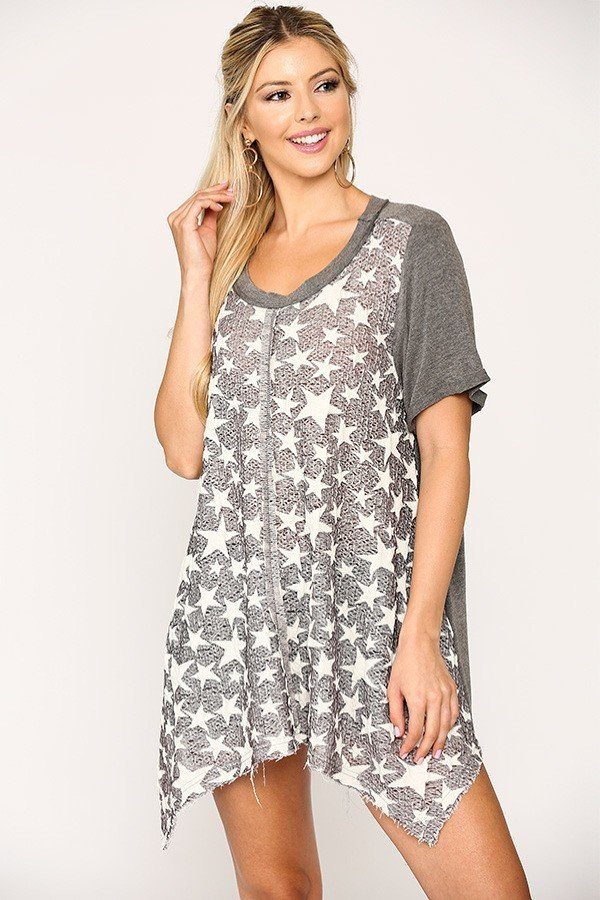 Star Textured Knit Mixed Tunic Top With Shark Bite Hem - Tigbul's Variety Fashion Shop