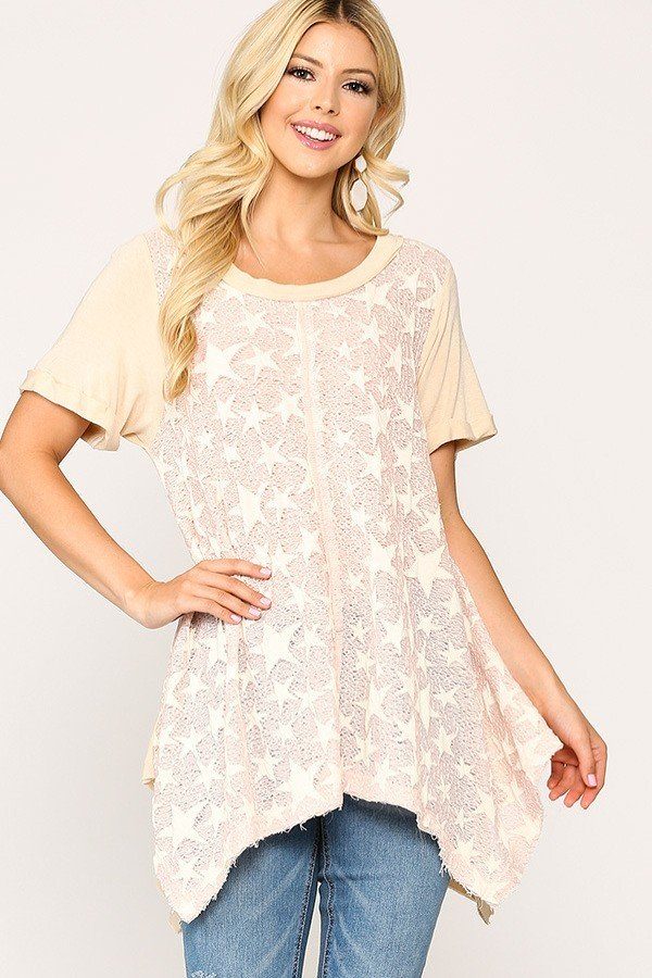 Star Textured Knit Mixed Tunic Top With Shark Bite Hem - Tigbul's Variety Fashion Shop
