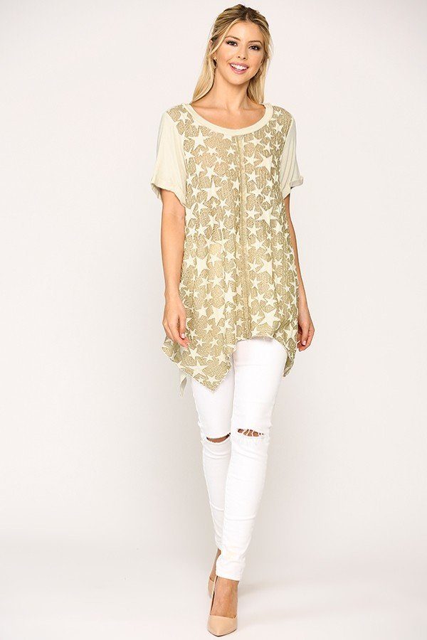Golden sand star knit tunic with short sleeves, scoop neck, and shark-bite hem