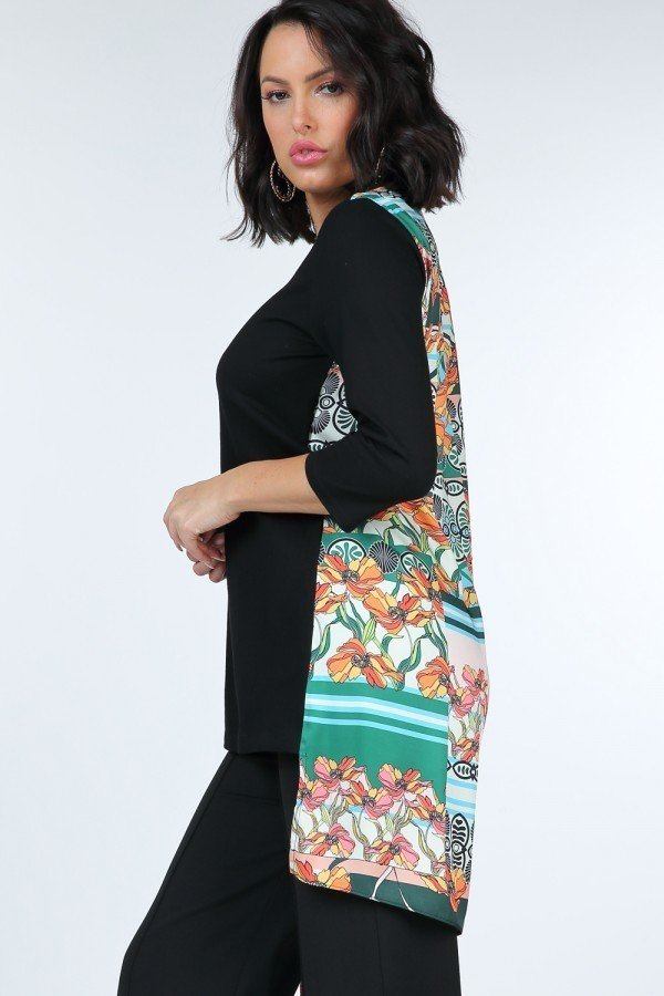 High-low top with black three-quarter sleeves and colorful floral print front panel