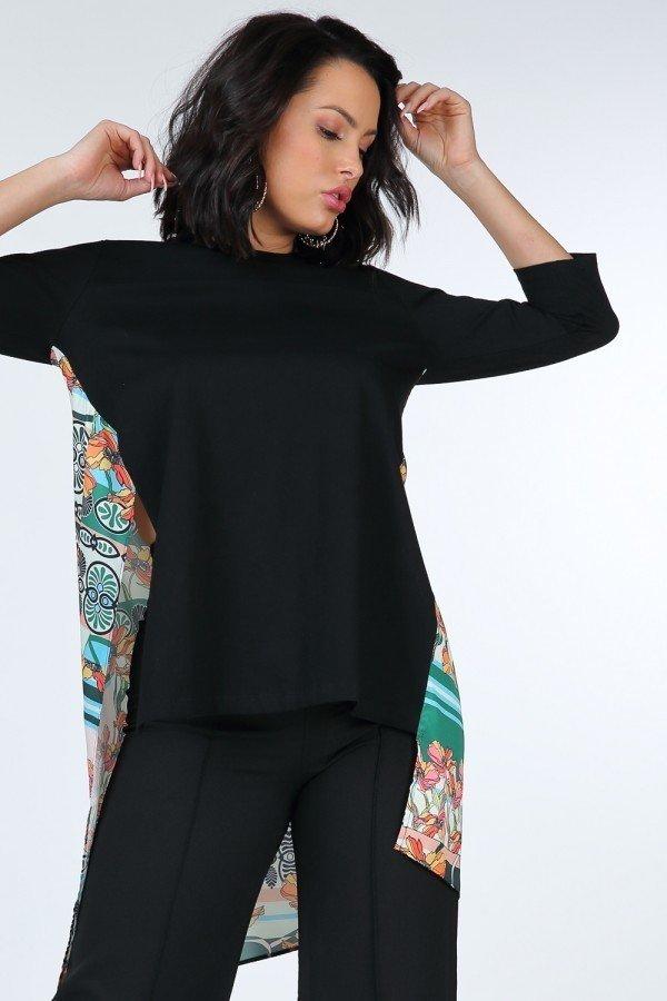 Black asymmetrical high-low top with multicolor floral print side drape and relaxed fit