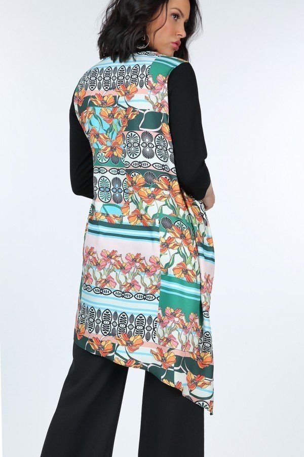 Asymmetrical high-low top, back view: black contrast sleeves with colorful floral print