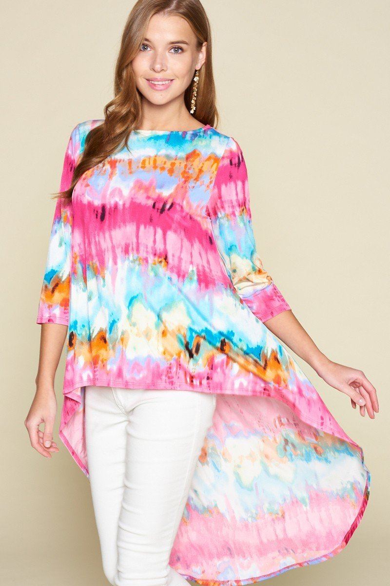 Pink-and-blue tie-dye high-low tunic top with 3/4 sleeves; draped asym hem
