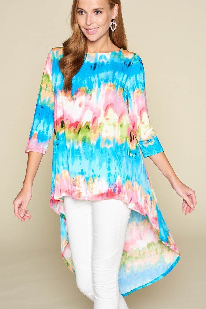Tie-dye Venechia High Low Fashion Top With 3/4 Sleeves - Tigbul's Variety Fashion Shop