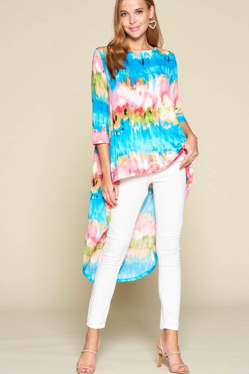 Tie-dye high-low top with 3/4 sleeves in turquoise, pink, green; flowy asym hem
