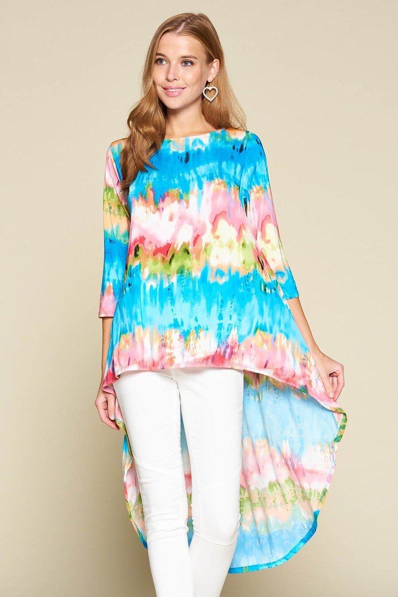 Tie-dye tunic top with 3/4 sleeves in blue and pink; high-low asym drape