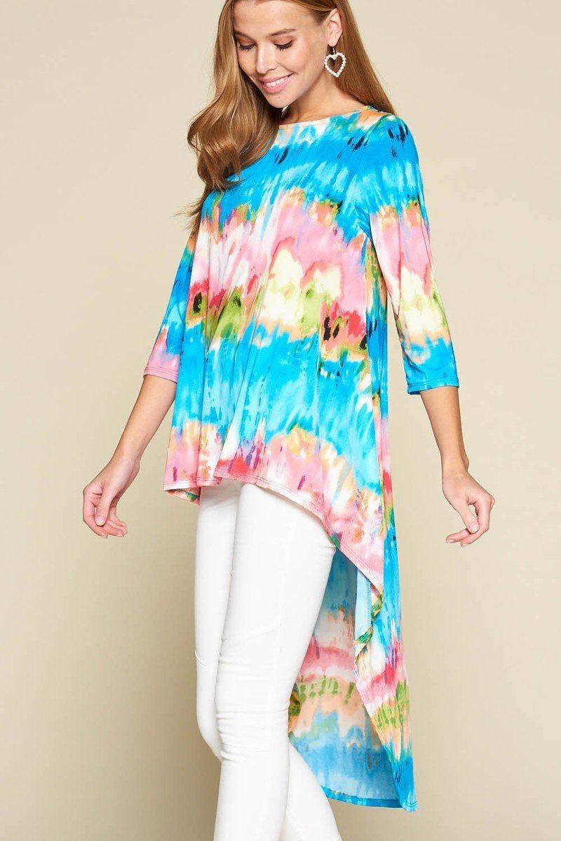 Turquoise and pink tie-dye high-low top with 3/4 sleeves; longer back asym hem