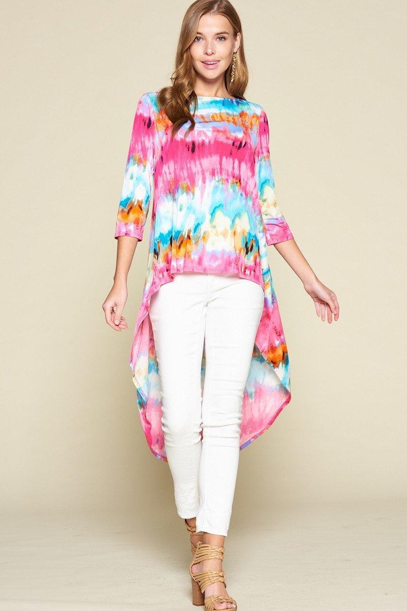 Tie-dye high-low fashion top with 3/4 sleeves in pink, blue, orange; asym hemline