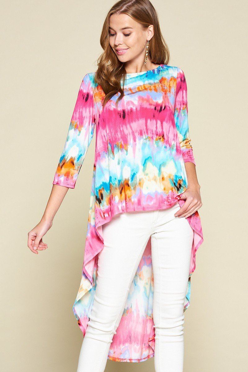 Tie-dye high-low blouse with 3/4 sleeves in fuchsia and aqua; relaxed fit