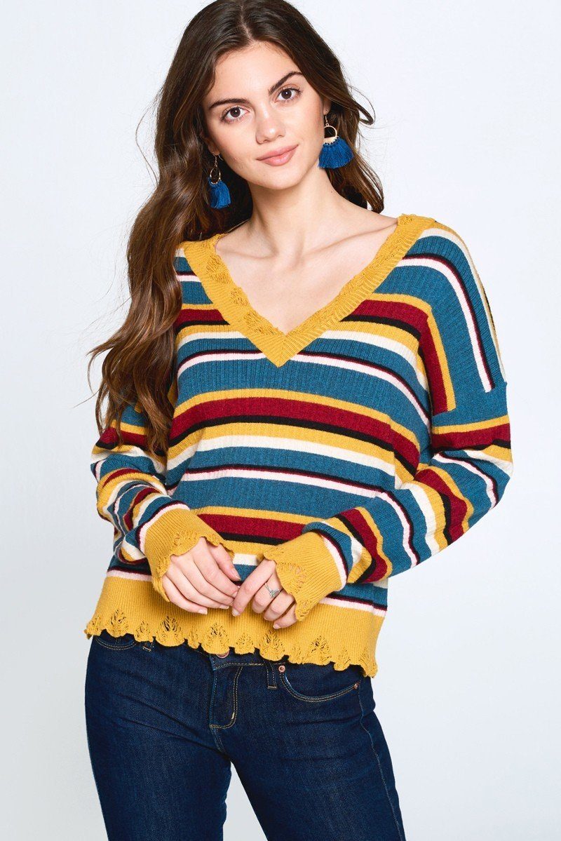 Multi-colored Variegated Striped Knit Sweater - Tigbul's Variety Fashion Shop