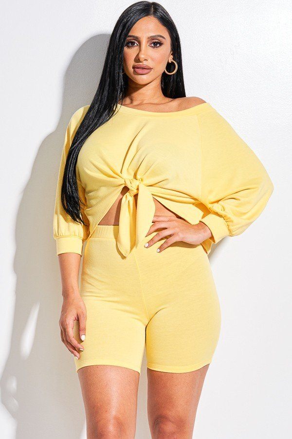 Yellow off-shoulder tie-front top & biker shorts set in French terry