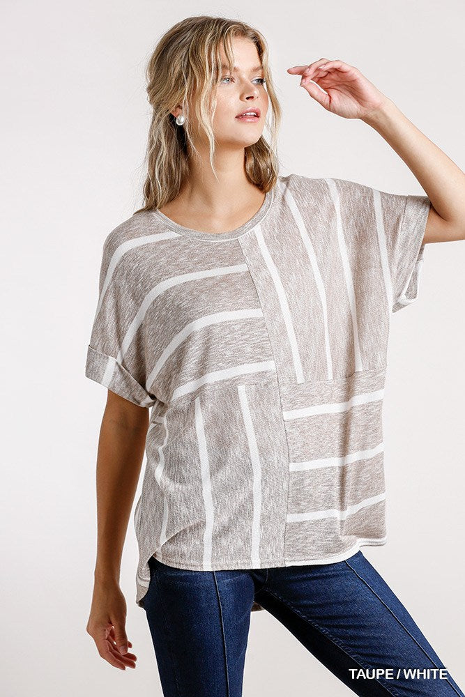 Taupe/White striped short-sleeve top with scoop neck, folded sleeves, high-low hem