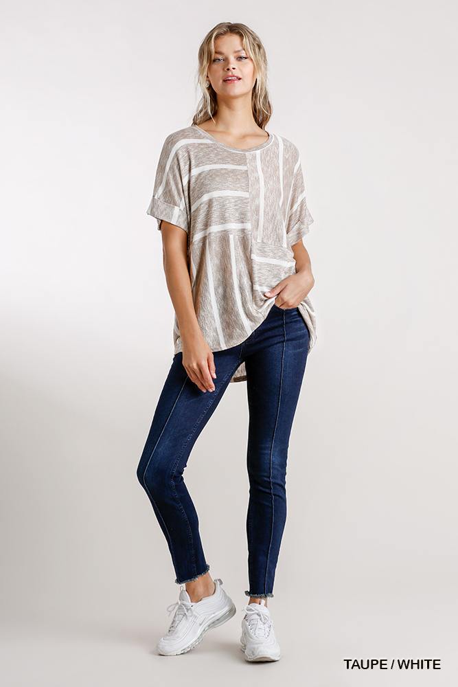 Taupe/White striped high-low hem short-sleeve top with scoop neckline