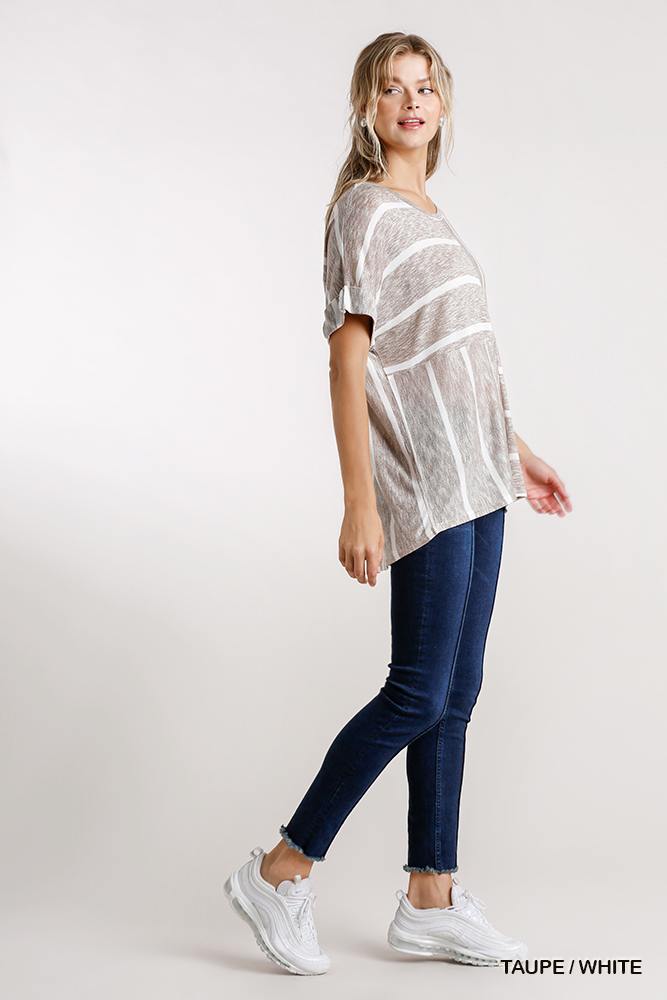Taupe/White striped short-sleeve top with high-low hem and relaxed drape