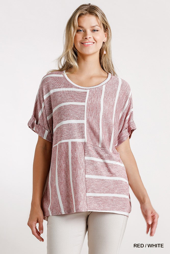 Red/White striped short-sleeve top with scoop neck and high-low hem