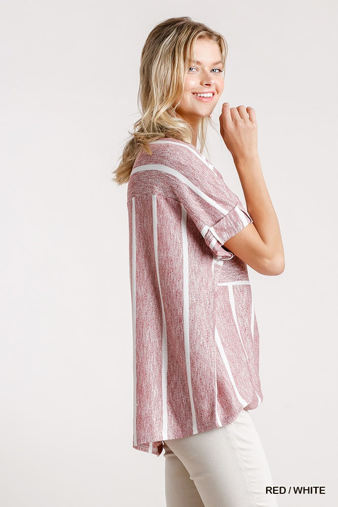 Red/White striped short-sleeve top with folded sleeves, side drape, high-low hem