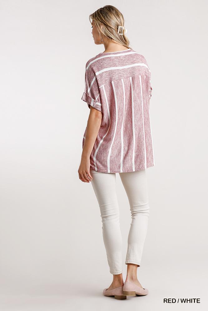 Red/White striped short-sleeve top shown from back with high-low hemline