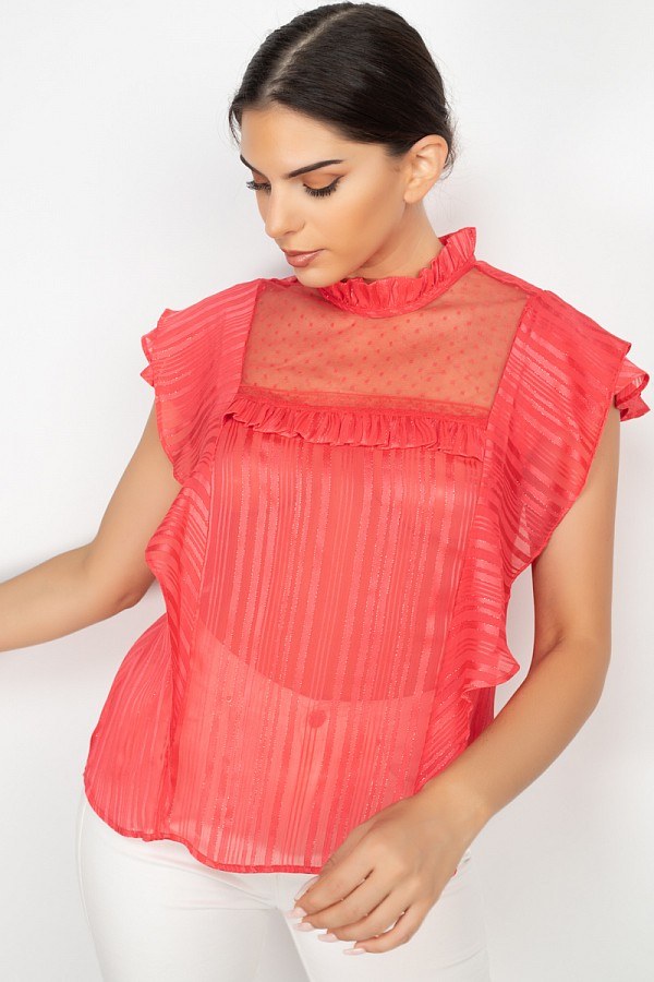 Coral Short Sleeve Ruffle Shadow Top with high neck and layered ruffles