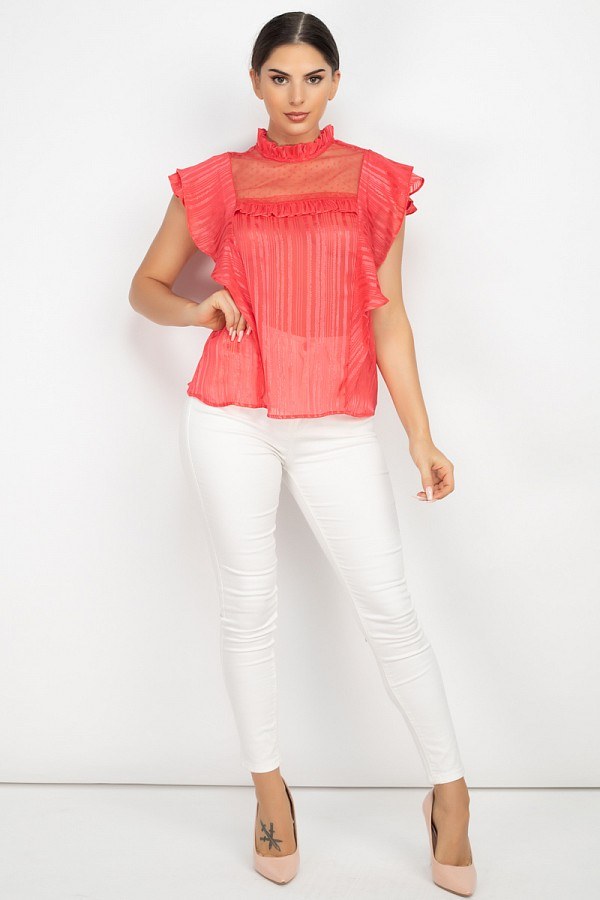 Coral ruffled shadow top with sheer striped fabric and flutter cap sleeves