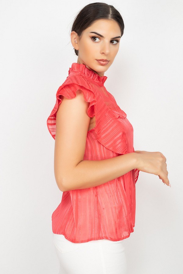 Coral sheer striped ruffle shadow top with high collar and short flutter sleeves