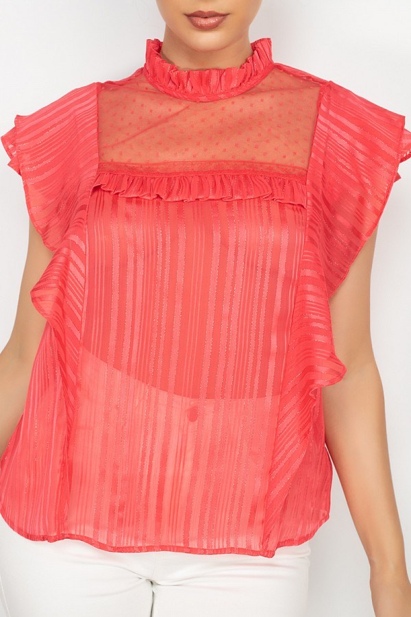Coral shadow top bodice with ruffle yoke and sheer striped mesh