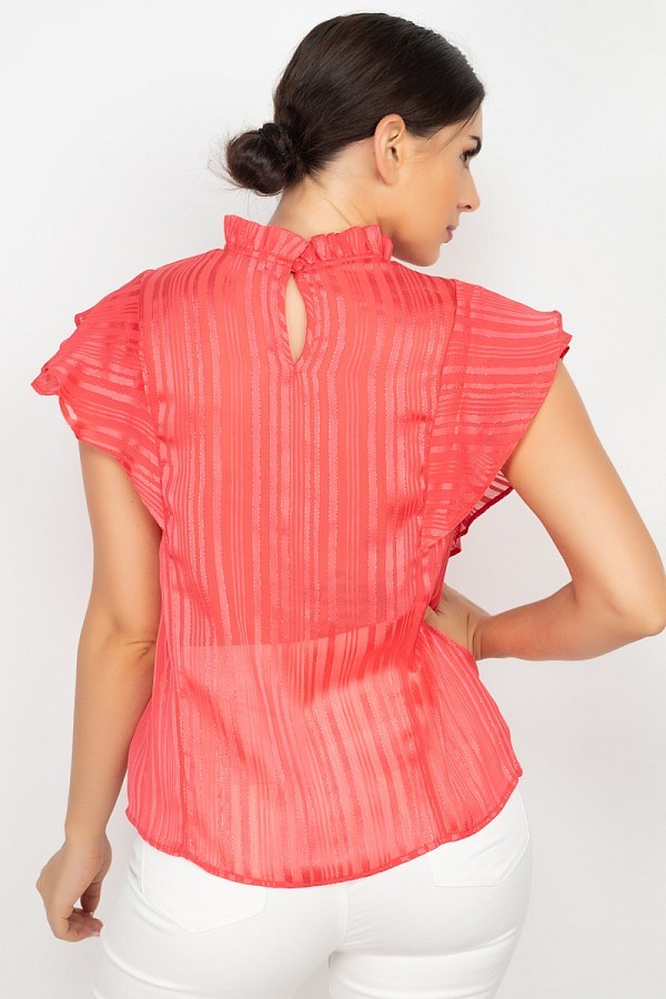 Coral shadow top back view with flutter sleeves and high neck