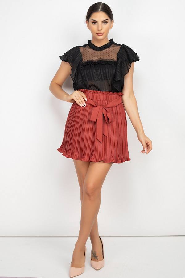Black sheer striped ruffle shadow top with high neck and flutter sleeves
