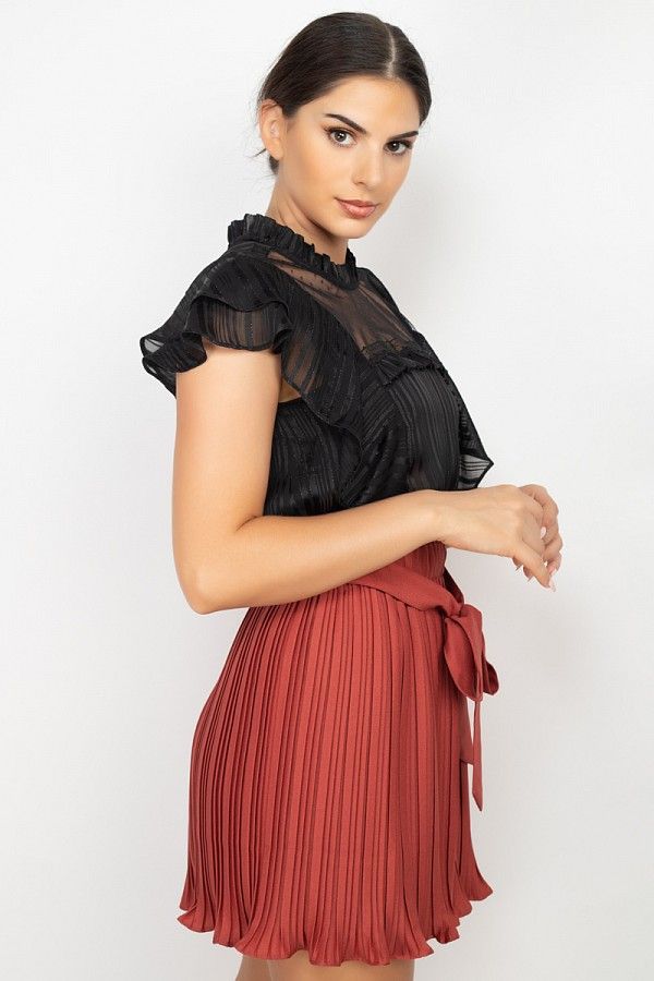 Black ruffle shadow top with polka dot collar and short flutter sleeves