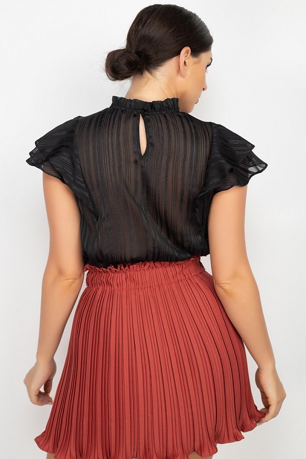 Black shadow top back view with keyhole slit and flutter sleeves