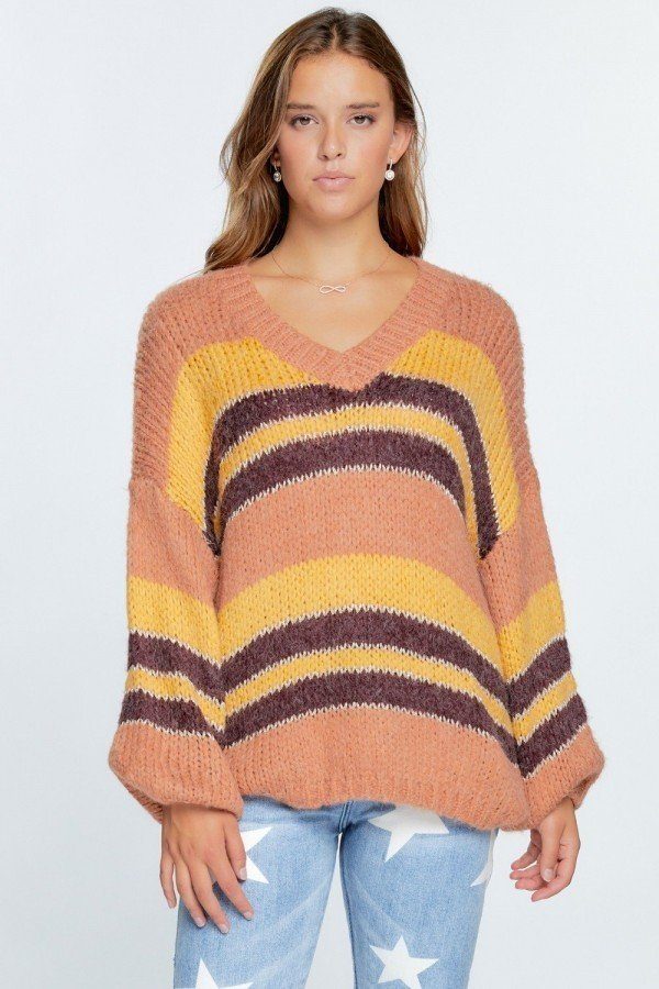 V-neck thick knit pullover sweater with rust, mustard, and dark brown stripes