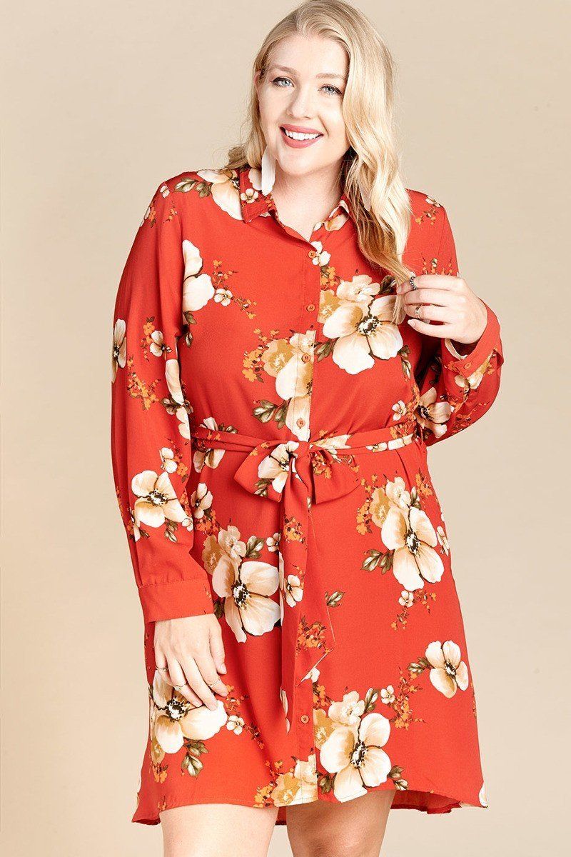 Floral Woven Button-down Collared Shirt Dress - Tigbul's Variety Fashion Shop