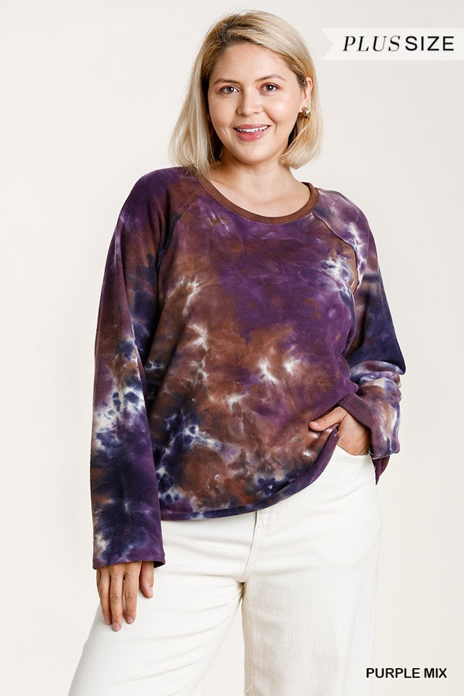 French Terry Tie-dye Raglan Long Sleeve Top With Raw Hem - Tigbul's Variety Fashion Shop