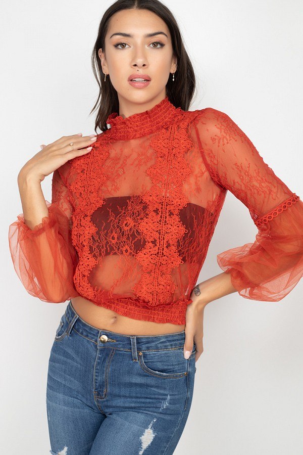 Red sheer lace smocked top with lace trim, mock neck, balloon sleeves