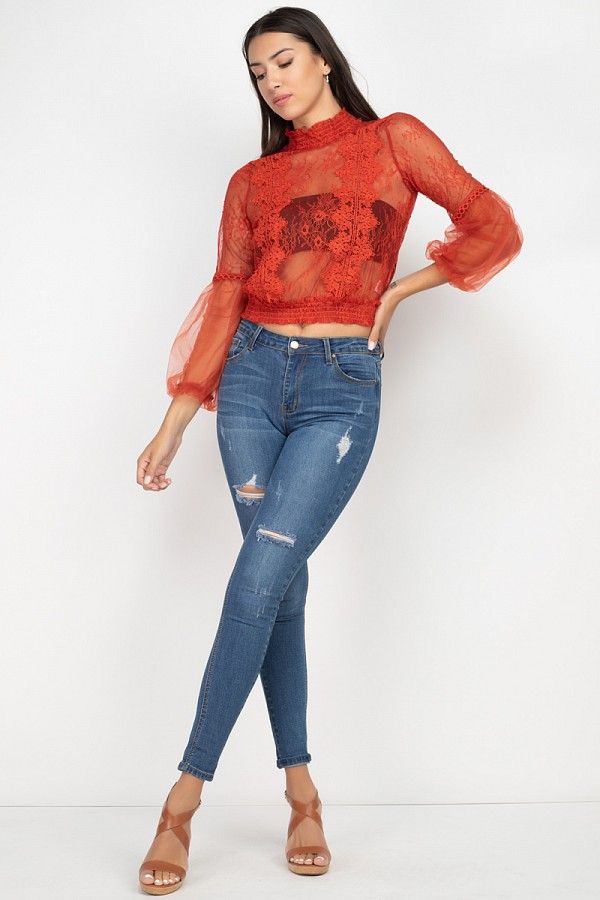 Red sheer lace smocked top with mock neck and voluminous balloon sleeves