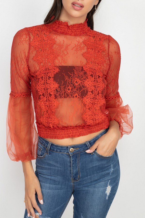 Red sheer lace smocked blouse top with high collar and puffed lace sleeves
