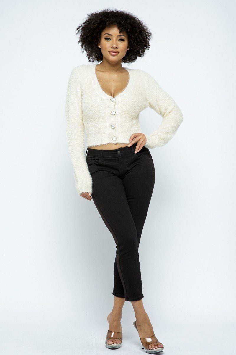 Eyelash knit cropped cardigan with pearl button details, long sleeves