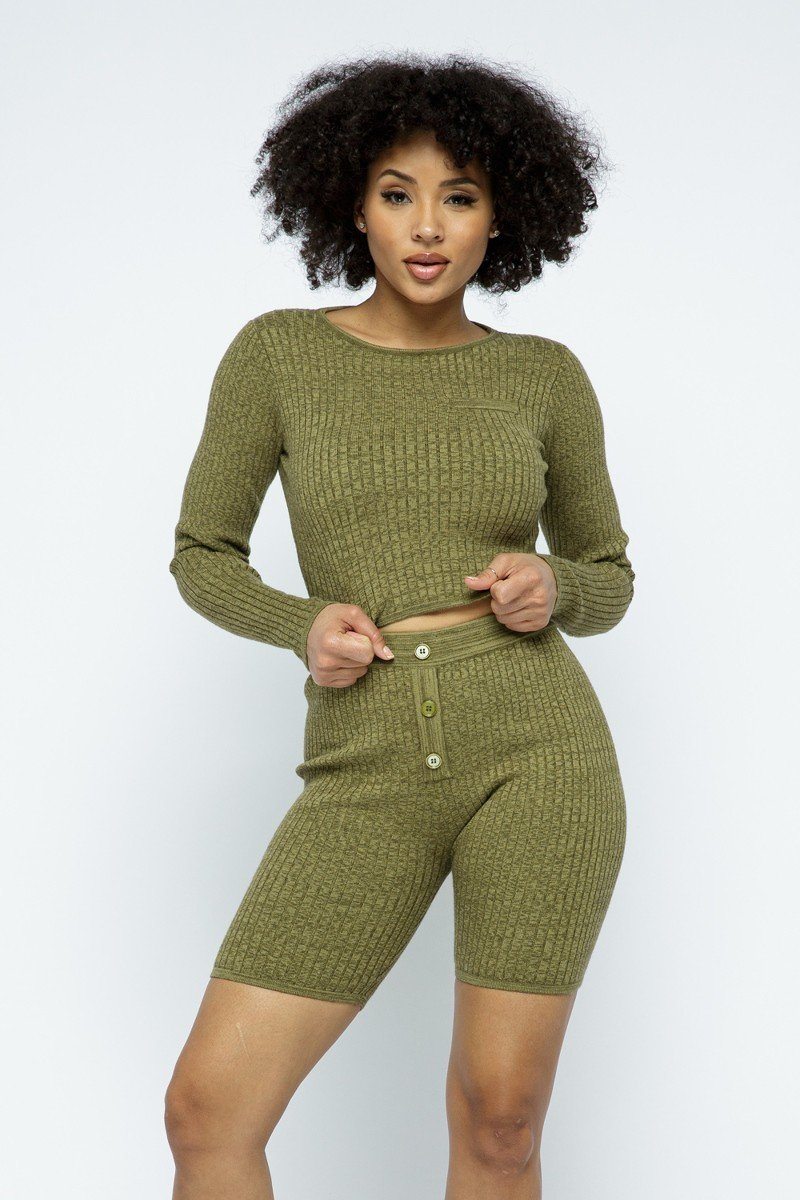 Olive knit long-sleeve cropped top with high-waist biker shorts, front button placket