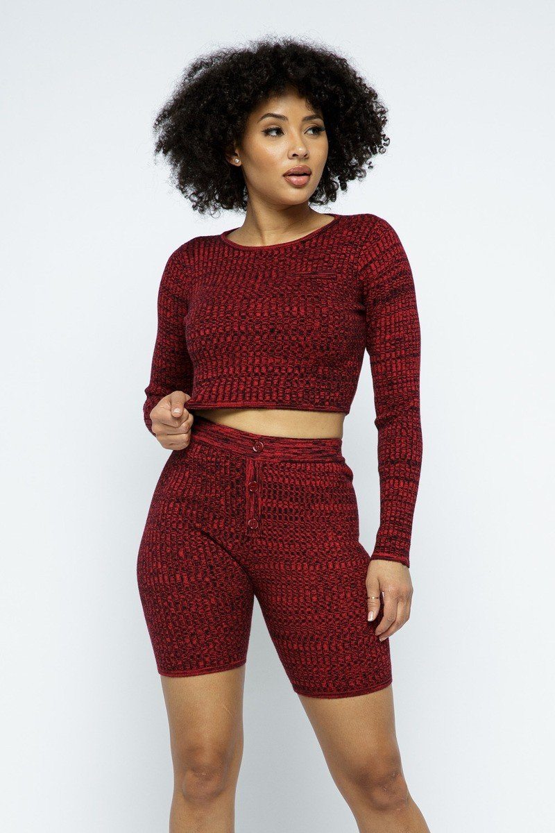Red knit long-sleeve cropped top and high-waist biker shorts set