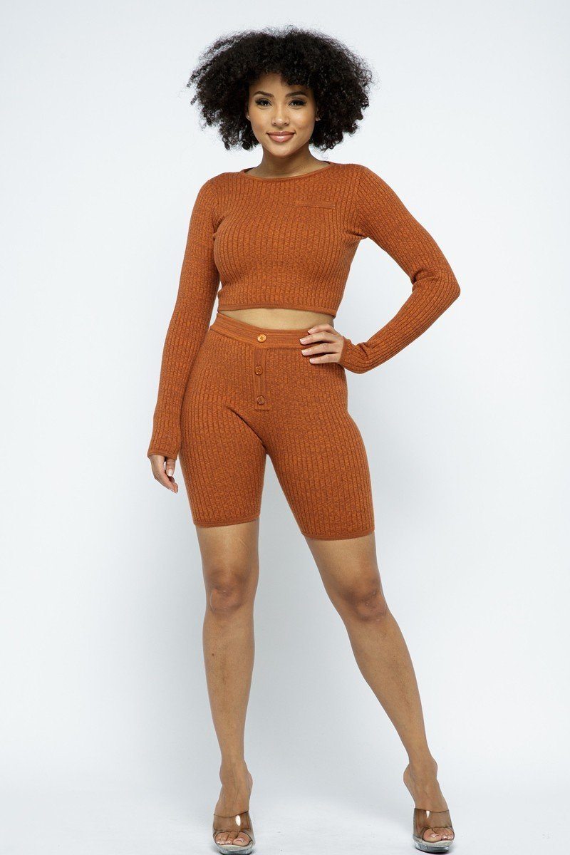 Knit long-sleeve cropped top and high-waist biker shorts set, rust knit.